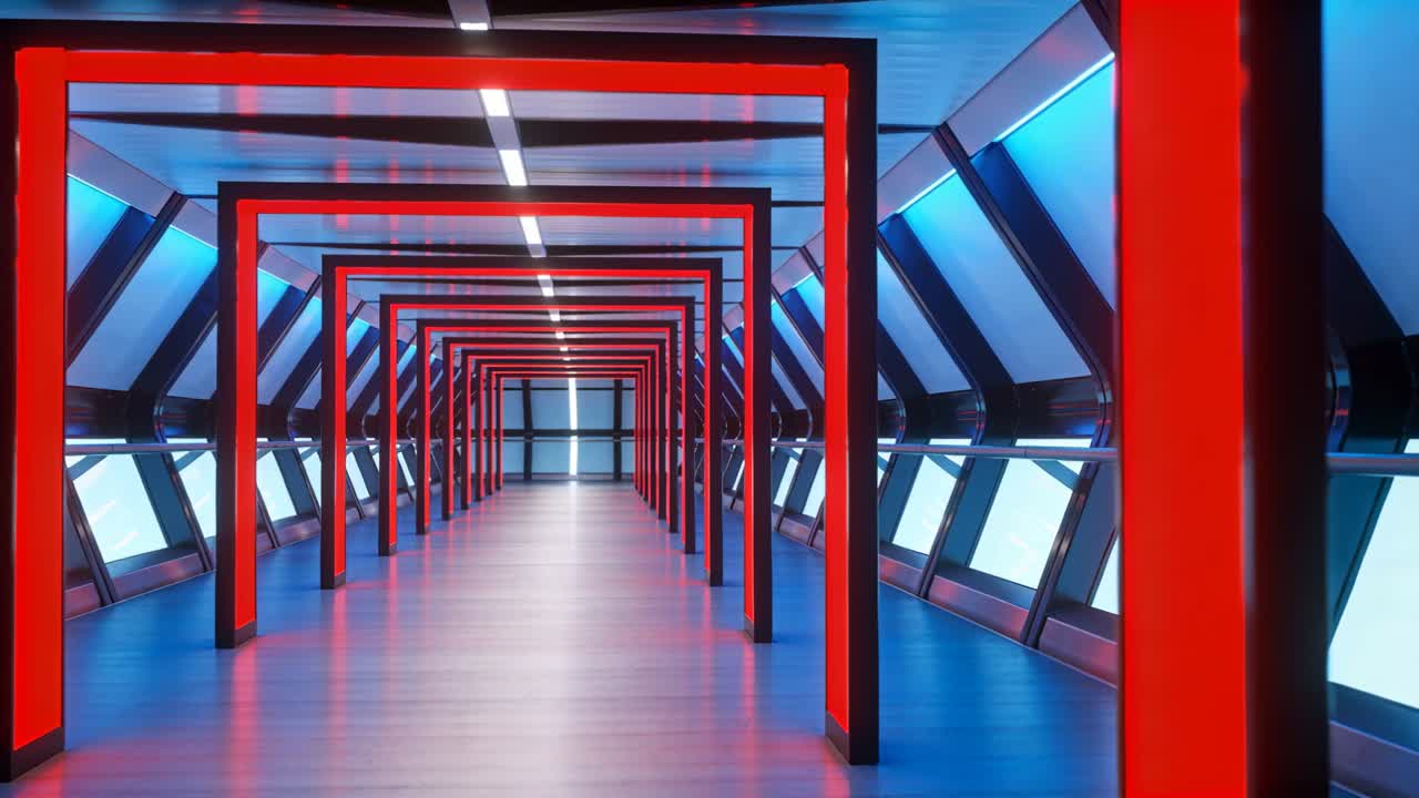 Video verticale: Inquadratura in movimento che mostra un corridoio con cornice rossa all'interno di un passaggio pedonale, finestre illuminate di blu, striscia LED