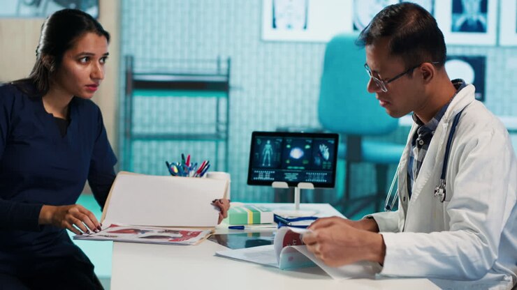Medicinsk personale, der diskuterer patientinformation i en klinik