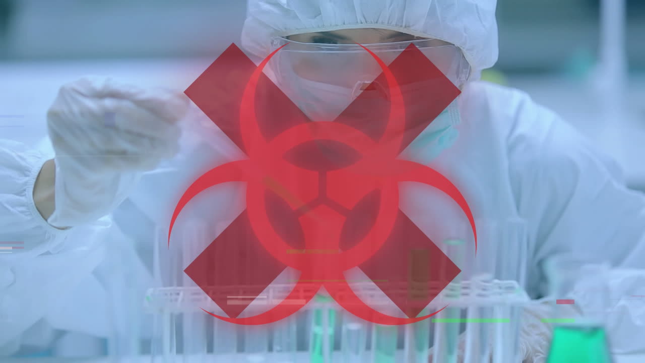 animación de un signo rojo de peligro para la salud y una cruz con un científico en el fondo. coronavirus covid-19.