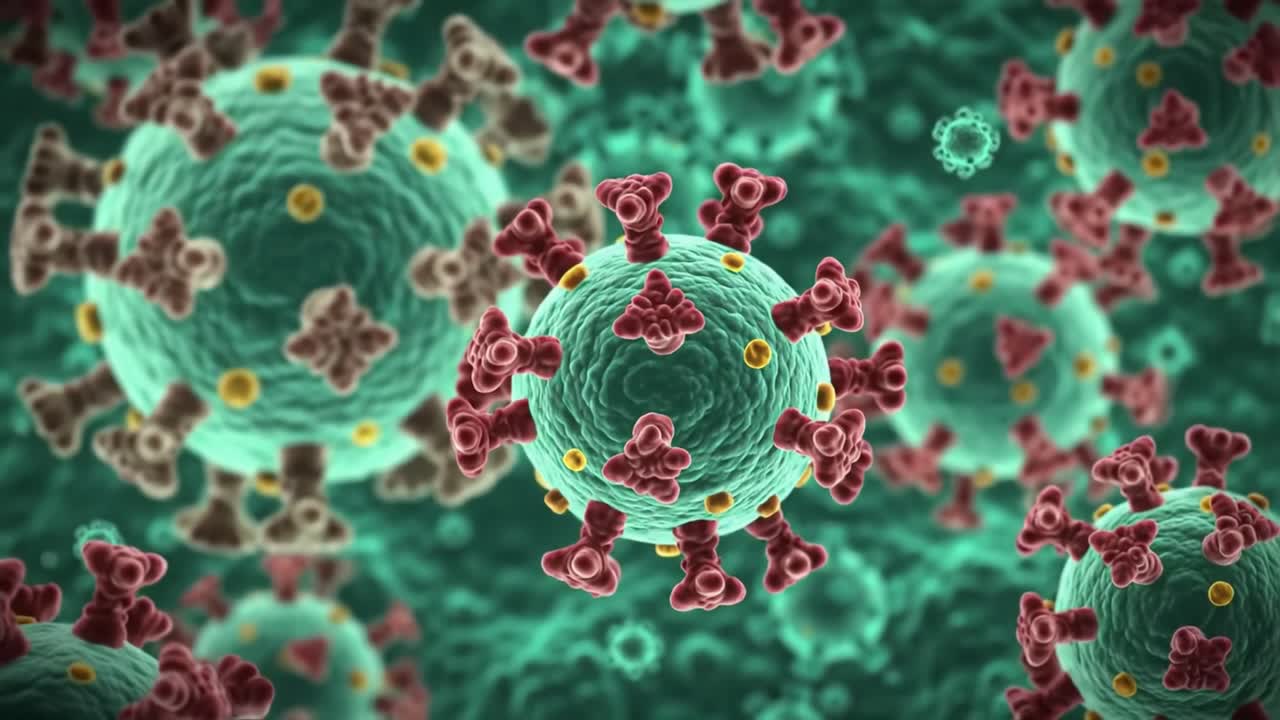 Microscopic Visualization of Viral Structures in a Fluid Environment, Showcasing the Complexity and Intricacies of Pathogen Formation and Interaction at the Cellular Level