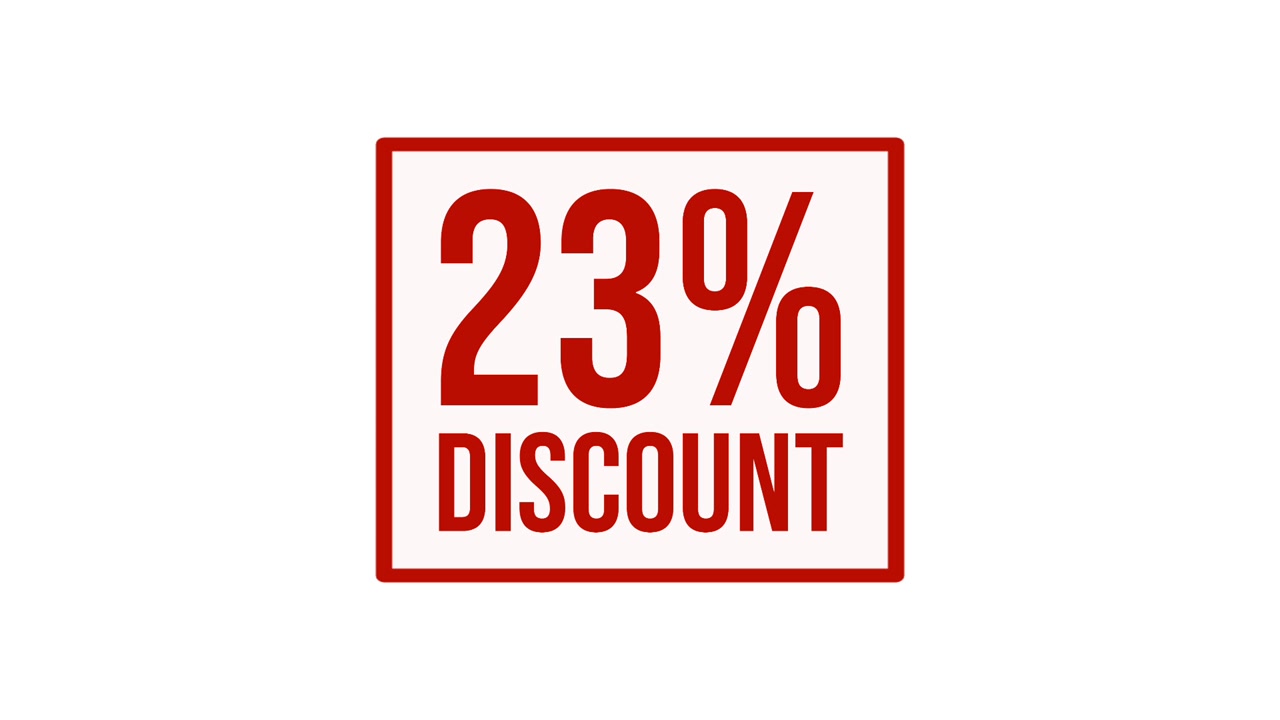 Animation 23% discount label motion graphic with bold red typography on white background, ideal for sales promotions, special offers, retail advertising, marketing campaigns, and e-commerce videos.