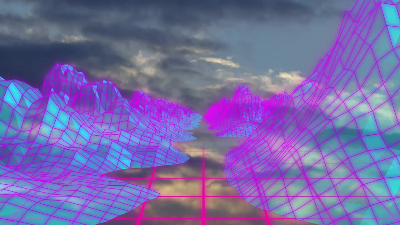 Retro digital animation with neon pink and blue grid mountains under cloudy sky