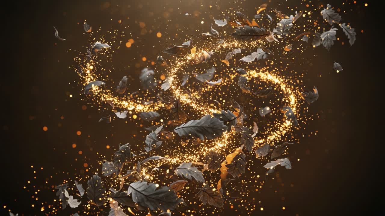 A Captivating Display of Leaves and Sparkles Creating a Beautiful Swirl Effect in a Magical Atmosphere, Emphasizing Nature's Elegance and Charm