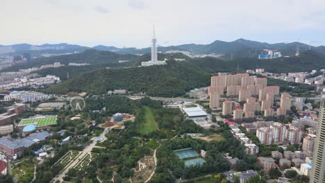 aerial shot of dalian city center