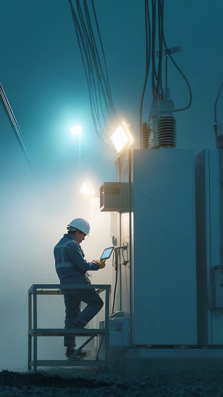 An engineer in a safety uniform conducts analysis and inspections in a foggy environment, ensuring proper operations at an electrical substation facility