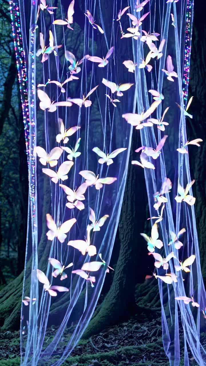 Video of glowing butterflies on sheer fabric in a forest, captured from a low angle