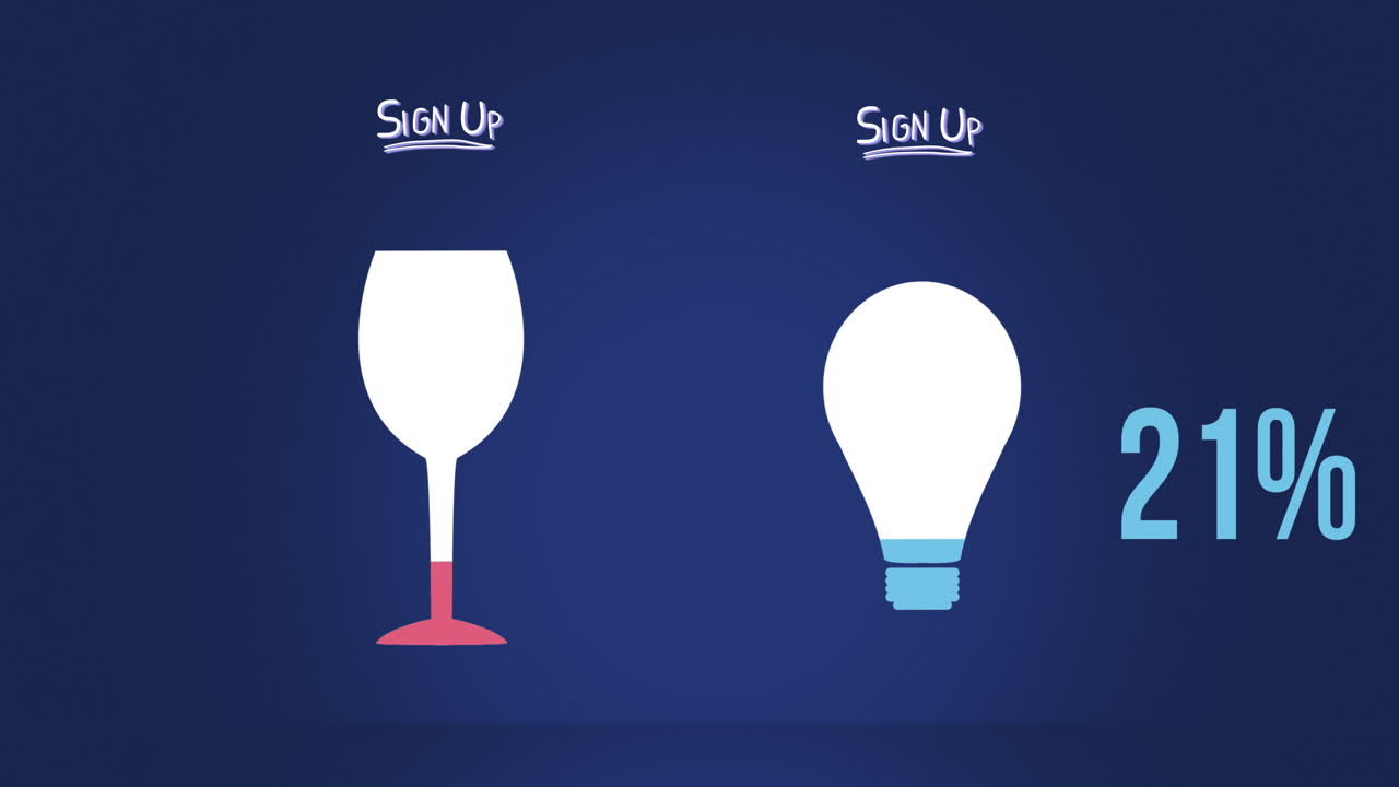 Animation of sign up text, wine glass and light bulb with percent growing on blue background