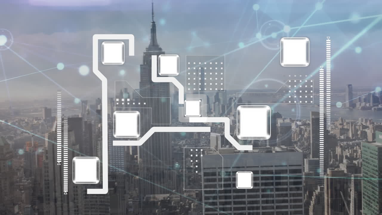 animación de la red de conexiones y la placa de circuitos informáticos sobre el paisaje urbano