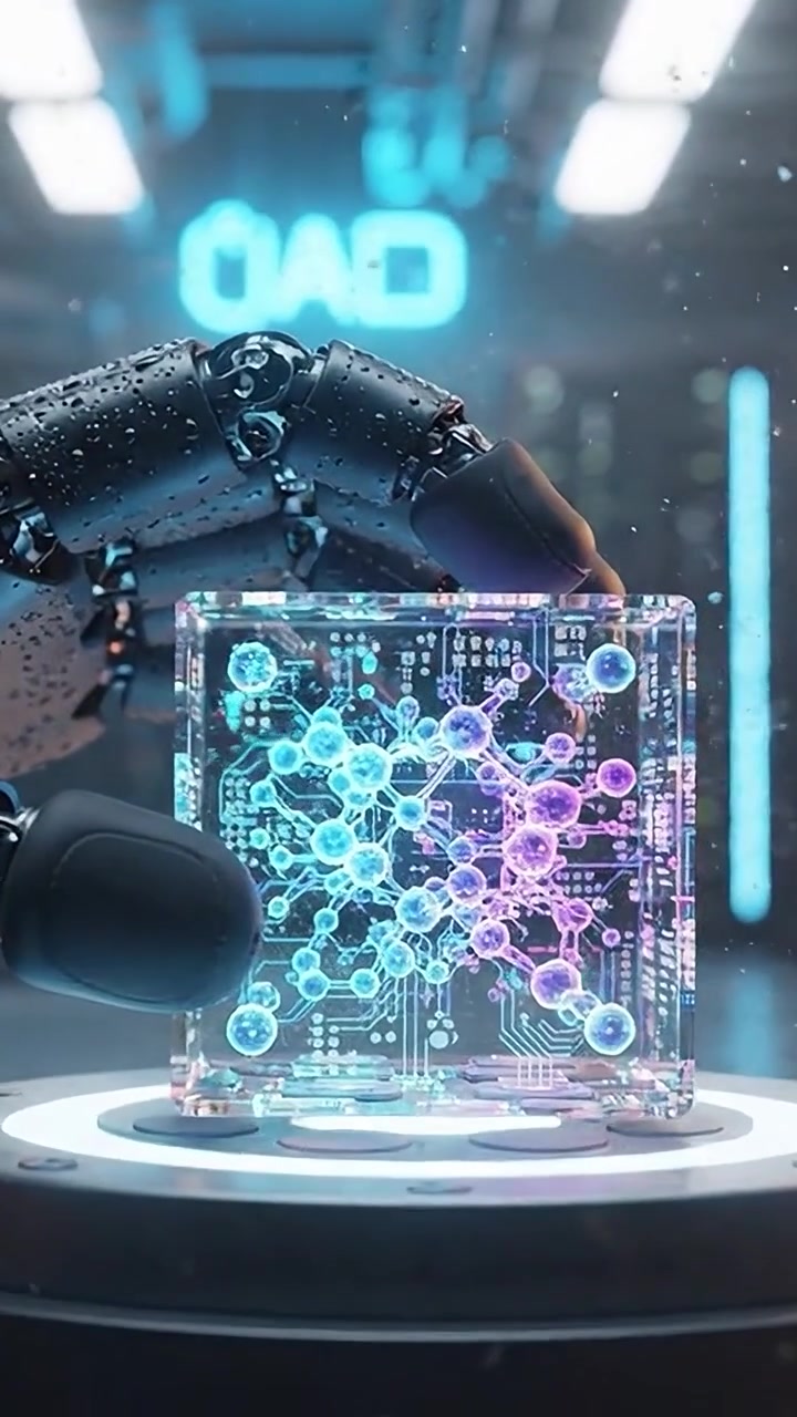 Futuristic robotic hand holding a holographic cube displaying complex circuitry, showcasing advanced technology and innovation in artificial intelligence and robotics.