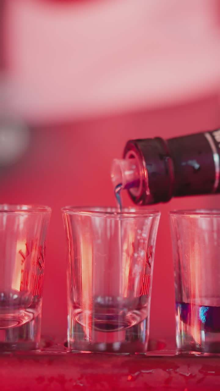 el camarero vierte licor en pequeños vasos en el mostrador de primer plano. el camarero crea conjuntos de tomas para los invitados a la fiesta en el club nocturno. atmosfera festiva en el bar