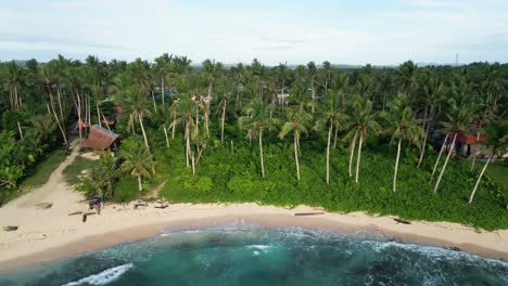 Drone-shot-of-Siargao-white-sand-beach-waves-and-palm-trees,-Philippines