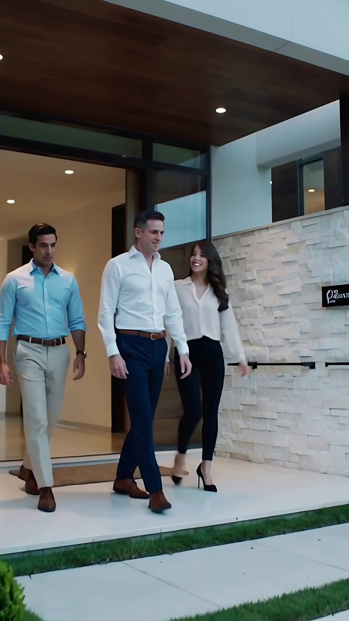 Vídeo vertical: Abrindo porta dupla, mulher com roupa de trabalho saindo de casa com dois homens, passando pelas luzes da varanda.