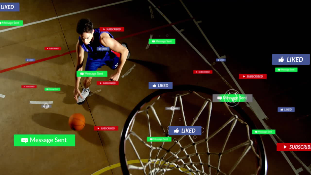 Dribbling basketball, player on court with animation of social media notifications