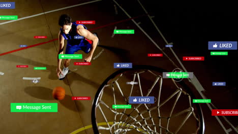 dribbling basketball, player on court with animation of social media notifications