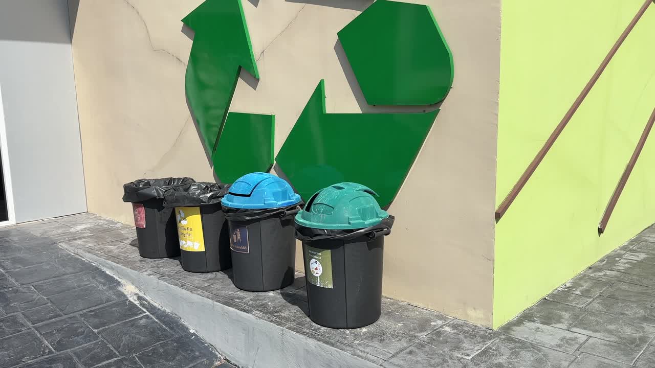 Large Recycling Sign Next to Waste Bins – Environmental Recycling Symbol, Trash Sorting Station, Sustainability and Waste Management Video