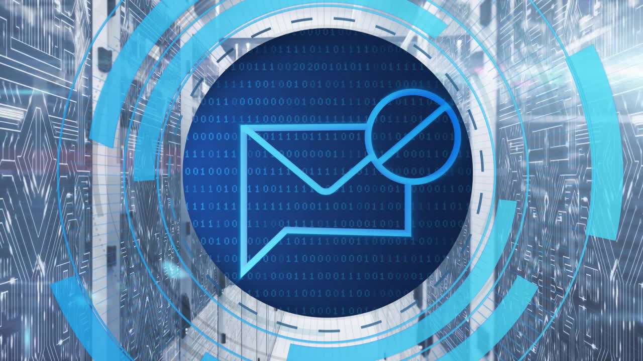 Animazione di scanner circolare che elabora dati di messaggi email bloccati in una sala server di rete.