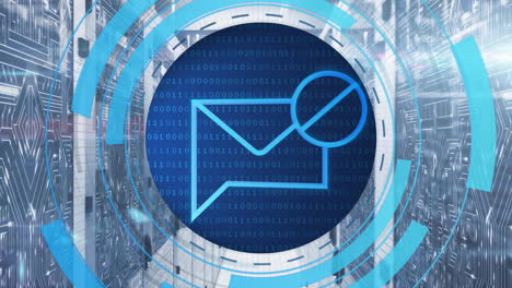 animation of circular scanner processing blocked mail message data over network server room