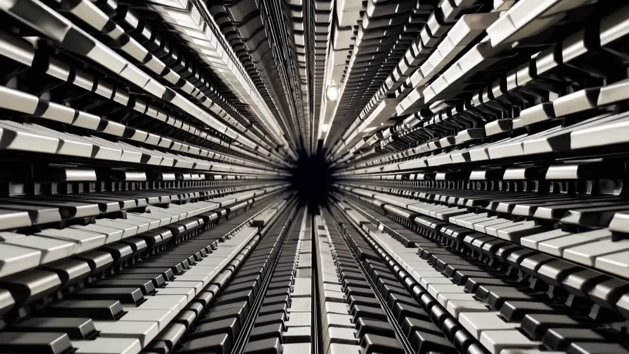 Dynamic visual sequence showcasing a mesmerizing tunnel of piano keys converging towards a dark center, illustrating depth and rhythm in a captivating motion flow
