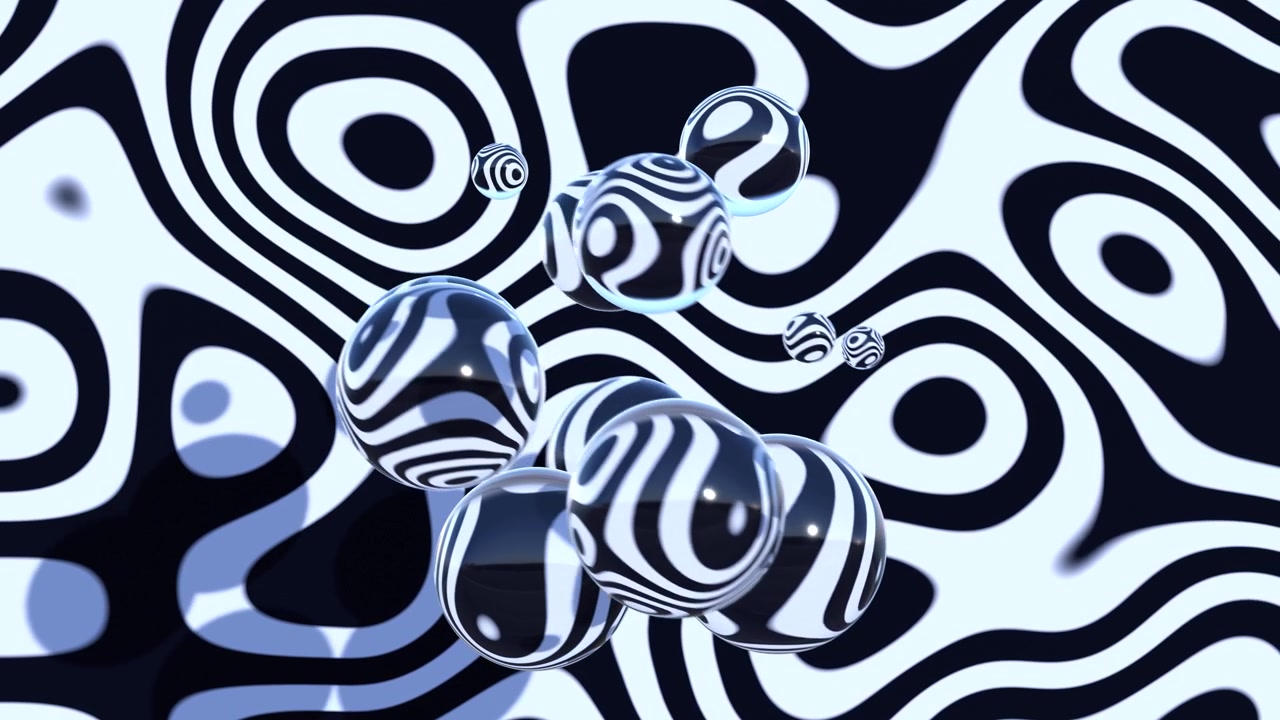 Abstracte 3D glazen bollen op een zwart-witte golvende achtergrond