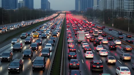 heavy highway traffic at dusk