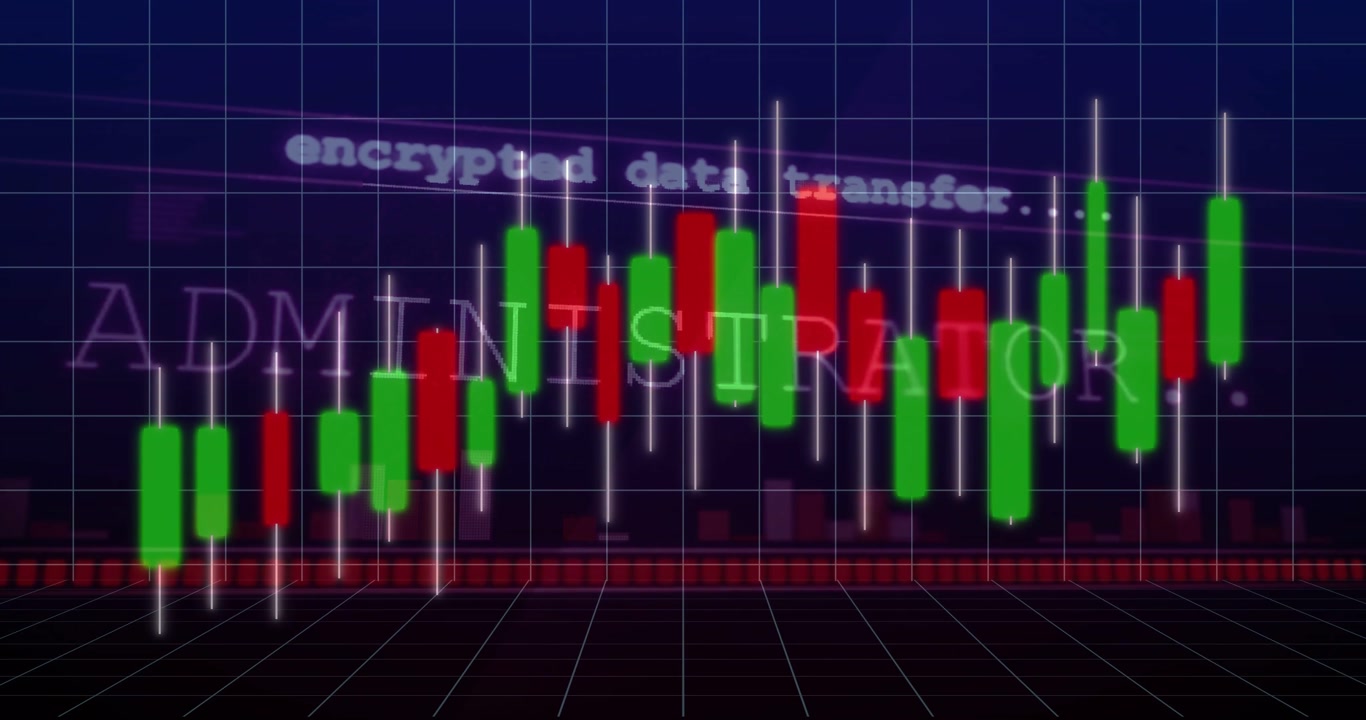Animating center candlestick cluster fluctuating on dark blue grid plane, ADMINISTRATION overlay