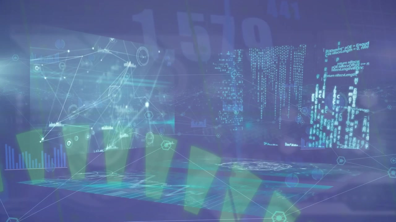 Animazione di una rete di connessioni con icone su elaborazione dati.