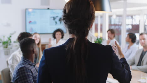 rear-view-business-woman-executive-meeting-with-colleagues-in-boardroom-sharing-leadership-ideas-discussing-management-strategy-briefing-shareholders-in-office-4k