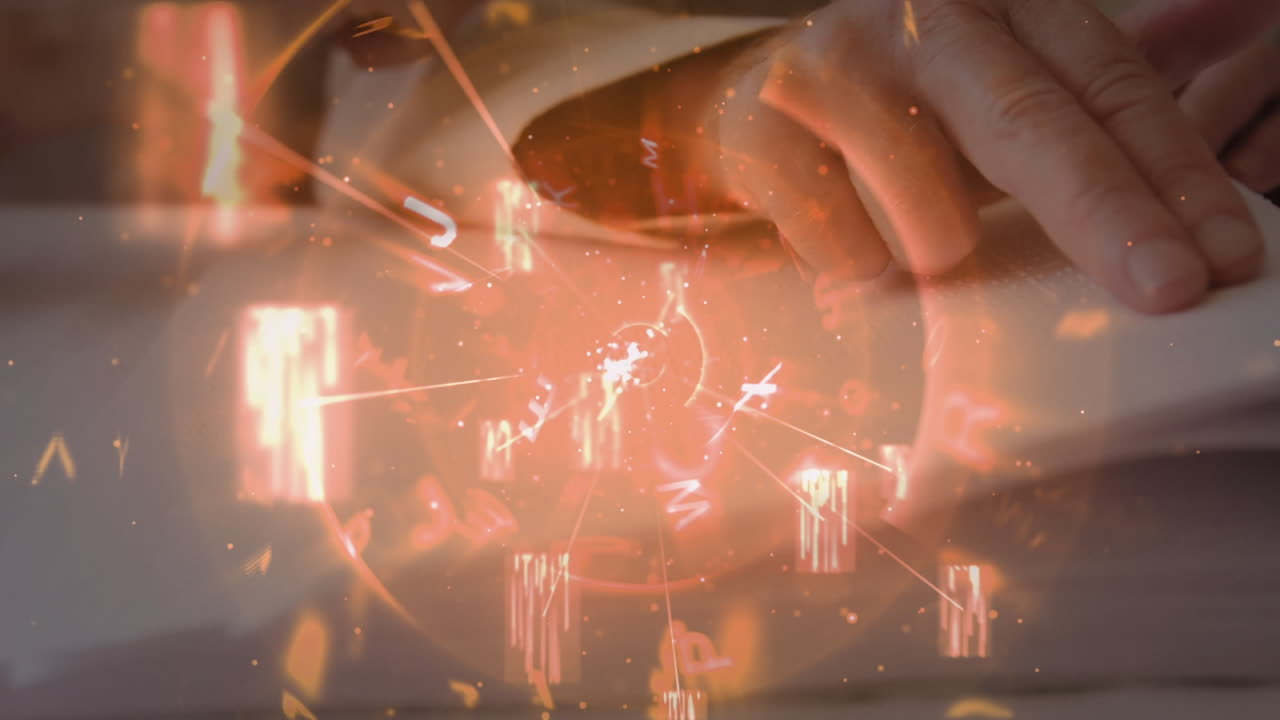 알파 ⁇  이 떠다니고 회전 하고 있는 것 은 브라이일 문자 로 책 을 읽고 있는 손 의 가까운 모습 을 반영 한다