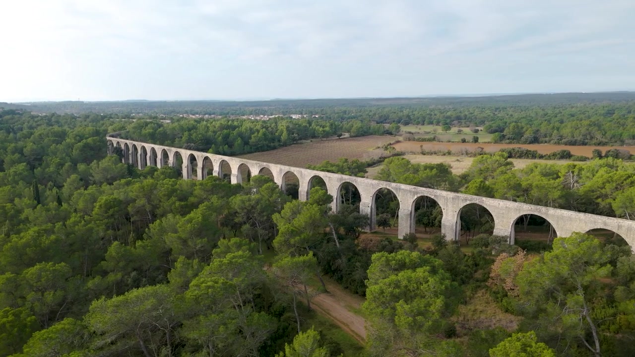 Il drone si allontana e vira a sinistra dall'Acquedotto di Castries sopra una foresta verde.