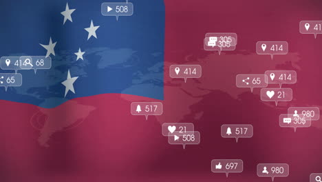notificaciones de las redes sociales animación sobre el mapa del mundo y fondo de la bandera de samoa