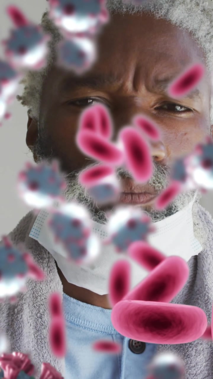 Animação de células virais sobre homem afro-americano