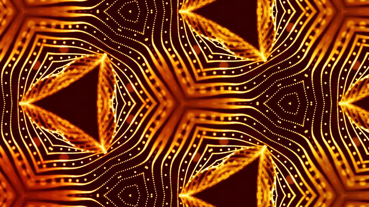 Abstraction of microworld of nanotechnology. 4k looped sci-fi 3d background with glow gold particles form lines, surfaces, pattern, complex symmetrical kaleidoscopic structures. 16