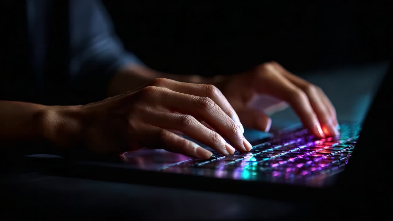 Focused Typing on a Backlit Keyboard: Capturing the Intense Concentration of Hands Moving Across Colorful Keys in a Dark Environment, Emphasizing the Blend of Light and Digital Engagement