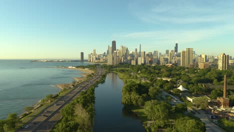 aerial view of chicago skyline during beautiful summer day from famous lincoln park