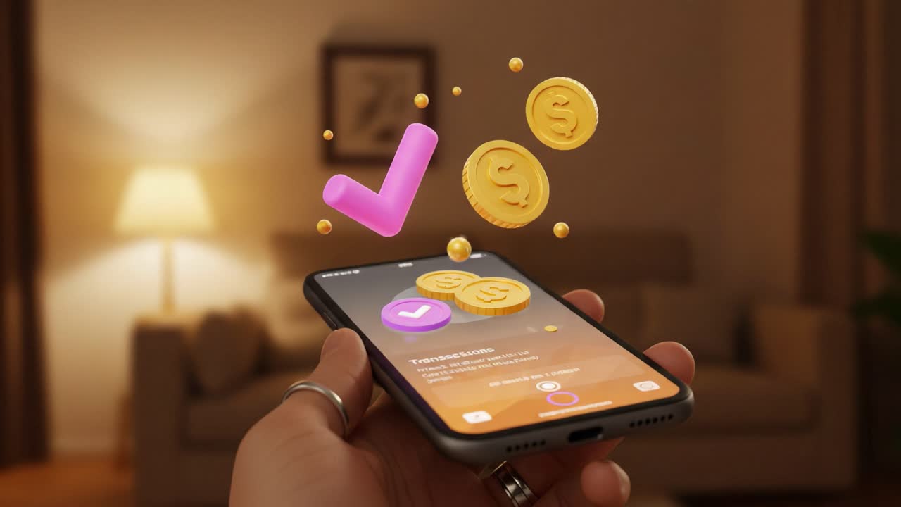 Exploring Digital Transactions: A Hand Holding a Smartphone With Animated Currency Symbols and Verification Icons in a Cozy Living Room Setting