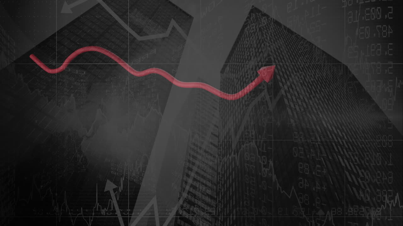 Animation of red line and financial data processing over cityscape