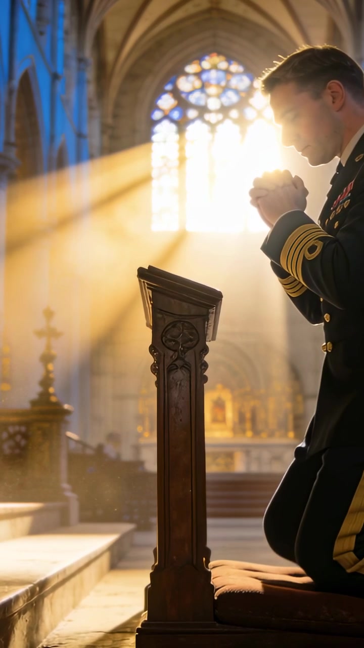 Vertikální video: Klečící důstojník v uniformě se modlí u kostelního klekátka, proudí slunce, prostor pro text