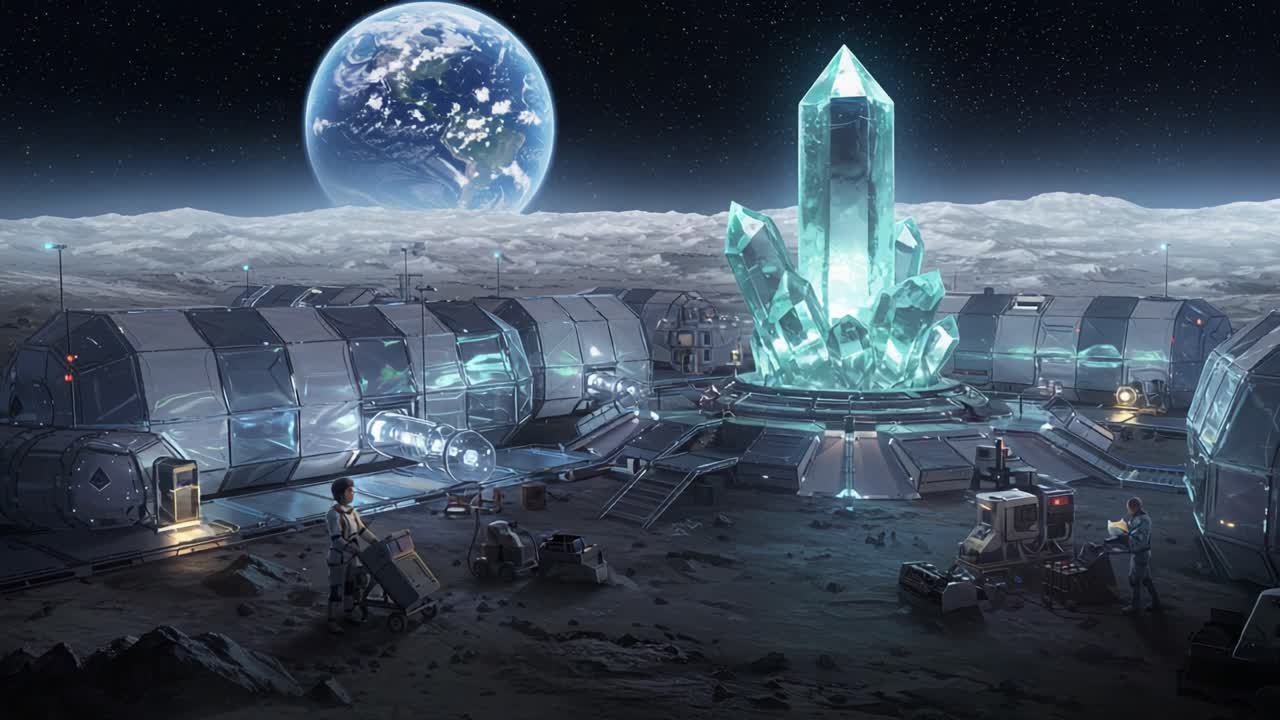 A Stunning View of a Lunar Base Surrounded by Glimmering Crystals Under a Vast Sky, Highlighting Advanced Technology and Exploration in Space
