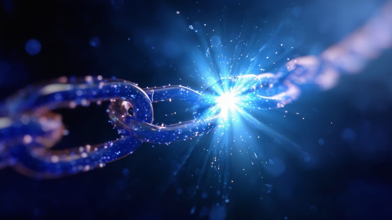 Una sequenza visiva dinamica di una catena scintillante nello spazio che si trasforma con energia e luce, mostrando la bellezza della connessione e della rottura