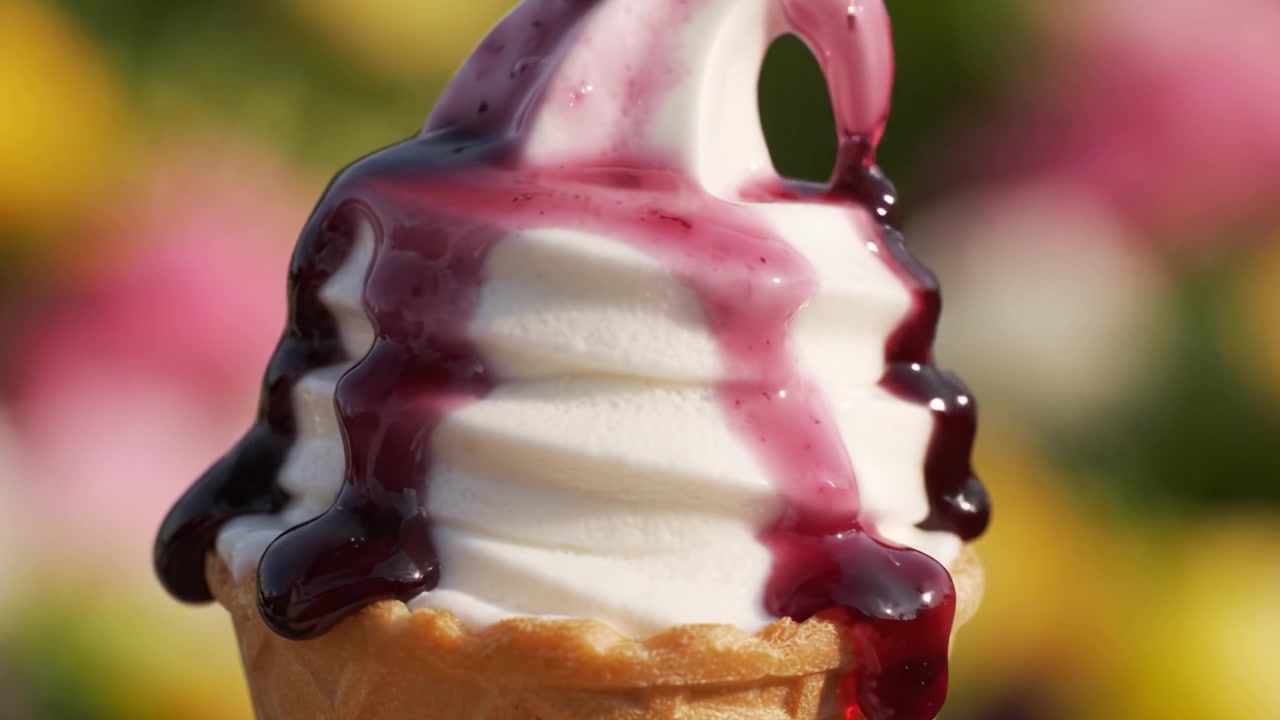Delizioso cono gelato soft con spirali e salsa ai frutti di bosco: una delizia tentatrice che cattura la gioia dell'indulgenza estiva e dei sapori dolci.