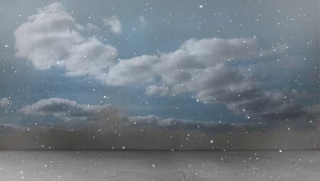 Animation-of-snow-falling-in-seamless-loop-over-clouds-on-blue-sky-in-background