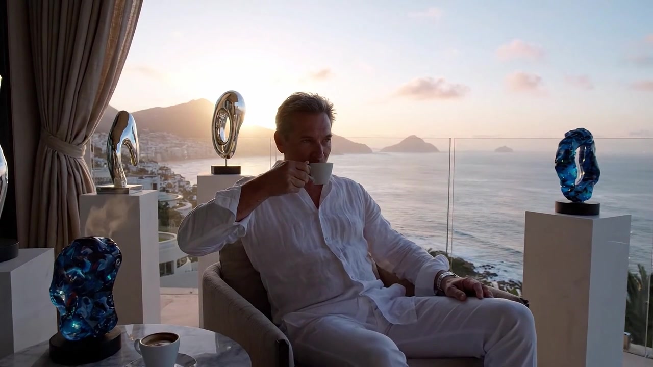 Una Mattina Serena: Un Uomo Si Gode un Caffè Seduto Accanto a Ampie Viste sull'Oceano e Sculture Artistiche in un Ambiente Lussuoso all'Alba