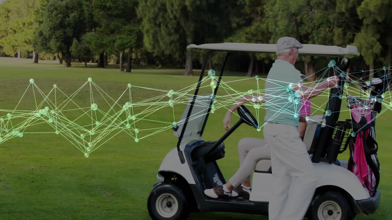Senior male golfer handing golf club to female golfer in golf cart, with digital tech overlay