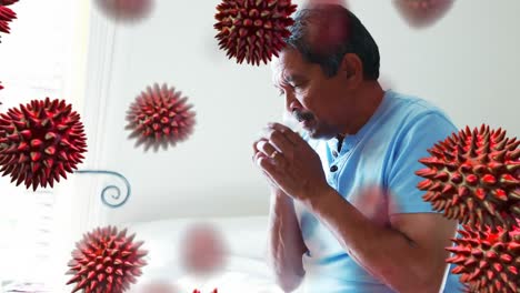 Animation-of-corona-virus-with-man-sick-in-background