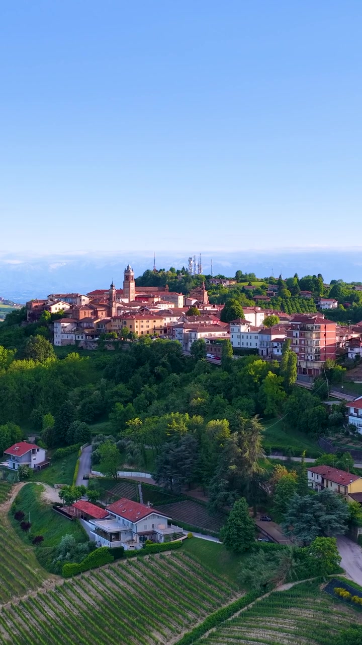 La ripresa del drone cattura un pittoresco villaggio in cima a una collina circondato da vigneti verdi e ondulati sotto cieli sereni.