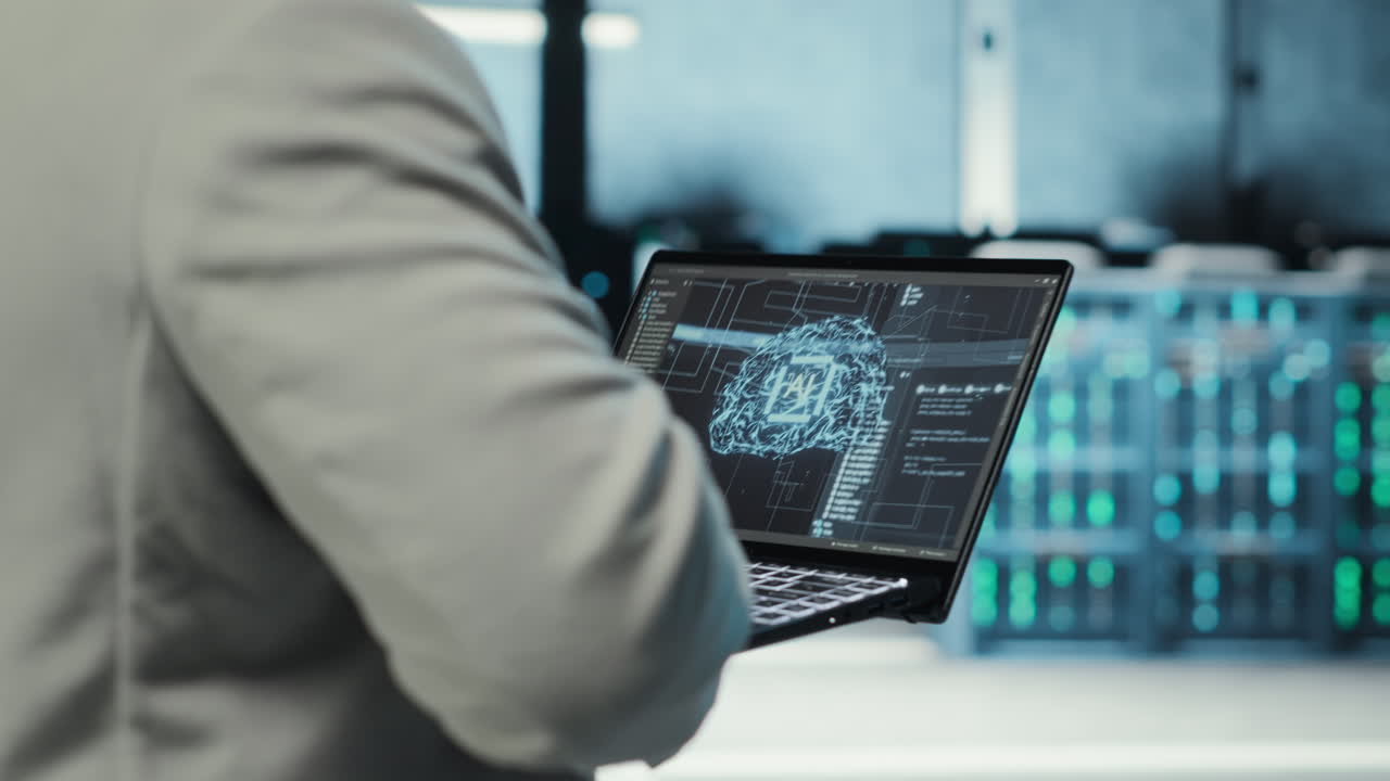 Vertical video Server room system administrator using laptop to do AI automatization