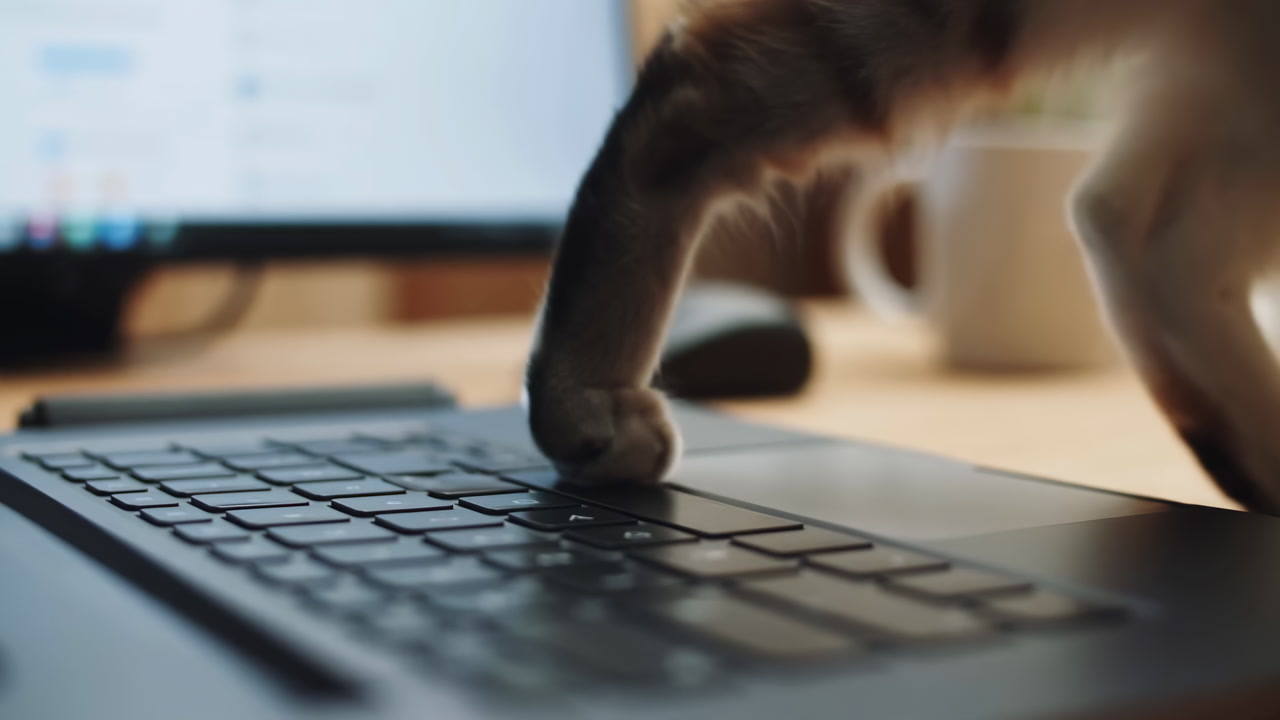 Cat Walking On Laptop Keyboard, Closeup Of Tabby Paws Tapping Keys In Sunlit Home Office, Blurred Mug