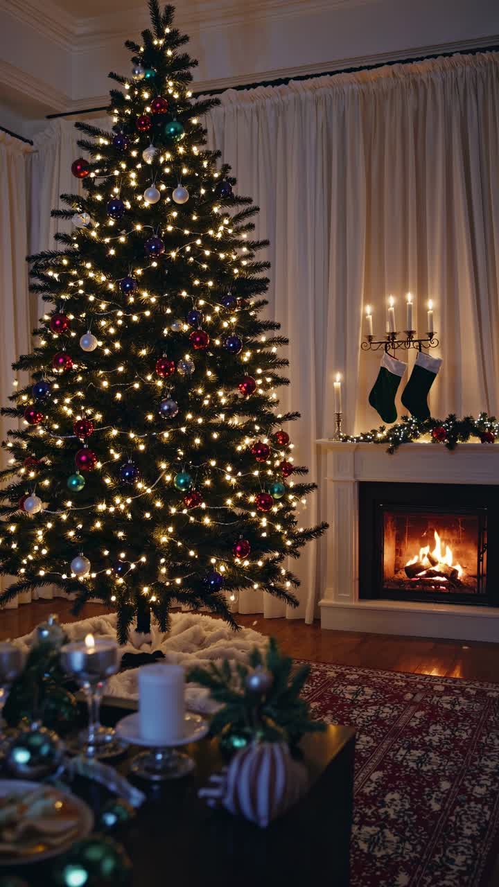 Warm christmas lights illuminating decorated christmas tree, dining table with candles and fireplace burning in cozy home interior, creating magical atmosphere for christmas eve dinner