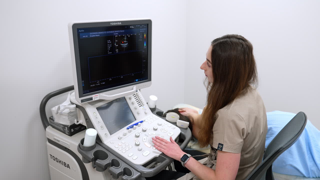 Kiev, Ucraina, 2 agosto 2025: vista della workstation per ecocardiografia. Un cardiologo utilizza la console dello scanner a ultrasuoni per valutare le condizioni cardiache del paziente sullo schermo