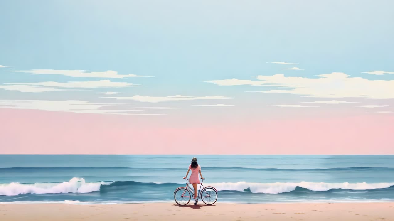 A serene video concept of a girl with a bicycle facing the ocean